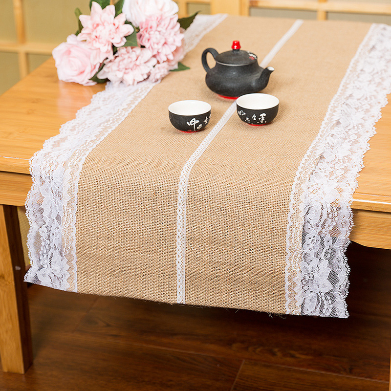 天然黃麻布桌旗 蕾絲花邊 布藝 聖誕派對工藝婚慶裝飾用品