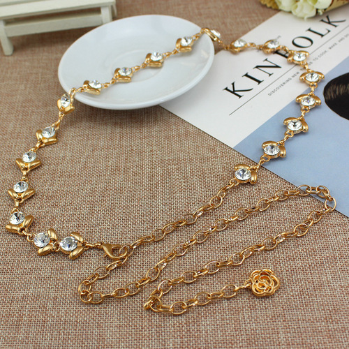 Hot selling Korean version with dress women's decorative waist chain women's thin sweet rhinestone inlaid metal waist chain one piece drop shipping