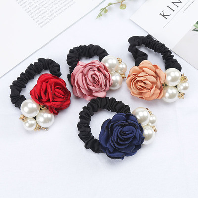 Korean Edition Tousheng Fabric art Pearl rose Flower Hairpin Big pearl Hair rubber string Two yuan shop Source of goods Jewelry