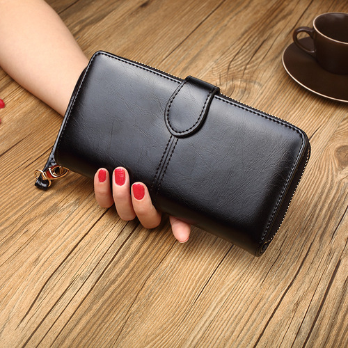 Best-selling oil wax leather wallet retro cross-border mobile phone bag long zipper coin bag for women card holder large bill clip H680