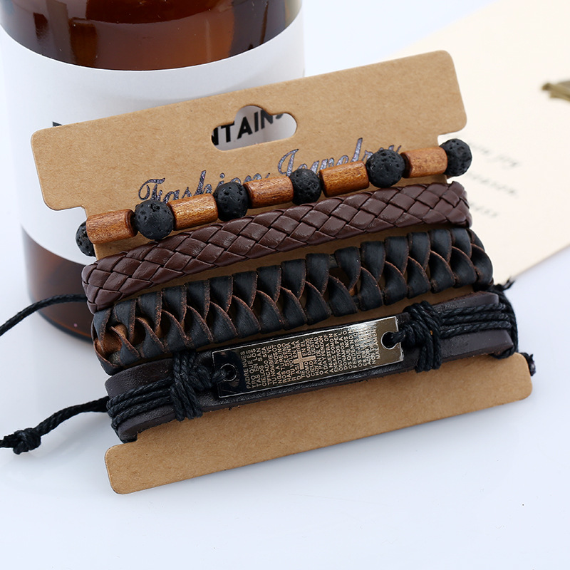 Leather bracelet leather suit menu0027s bracelet volcanic stone wooden beads vintage weaving