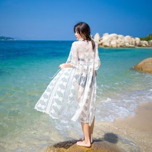 2023海边度假韩版女蕾丝大摆沙滩裙修身V领纱长裙显瘦连衣裙