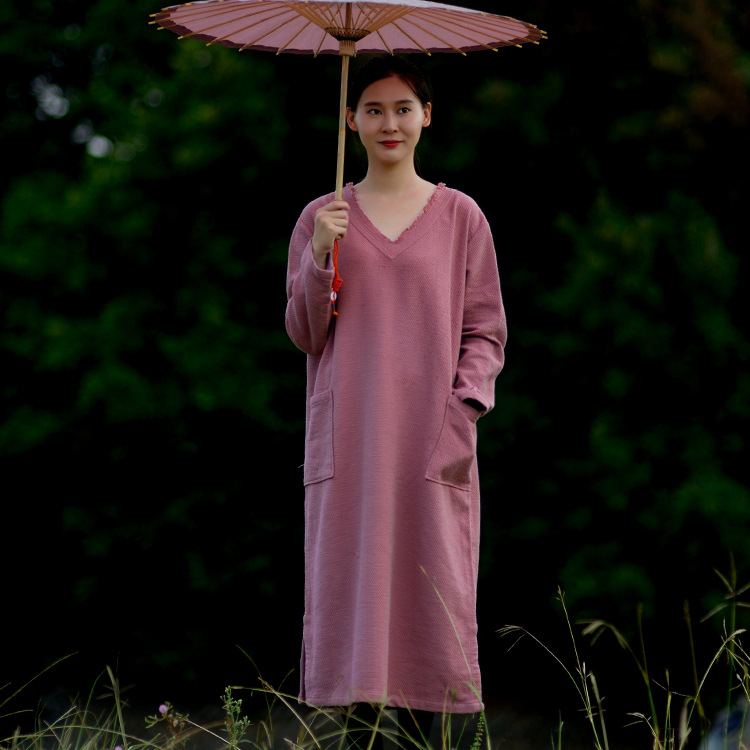 Autumn and Winter Super Thick Cotton Linen Jacquard V-Neck Burr Long Loose Jacket Dress Artistic Gown S54