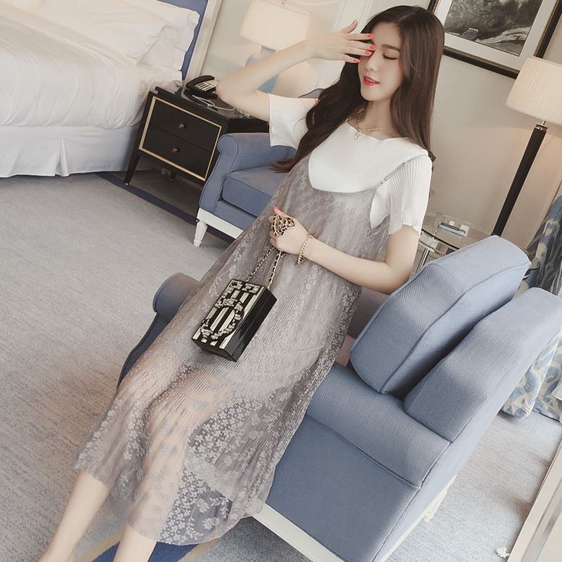 2017夏季中长款蕾丝雪纺两件套装吊带连衣裙