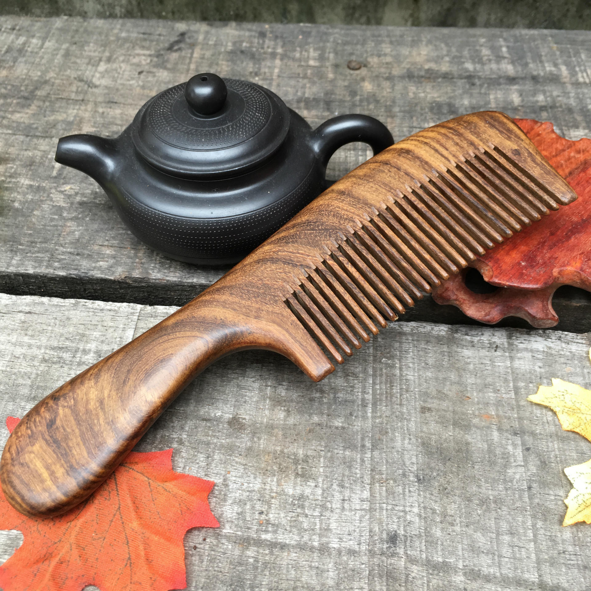 大号黑金檀木梳咖啡檀带手柄整木檀木梳子厂家直供直发梳实用礼物