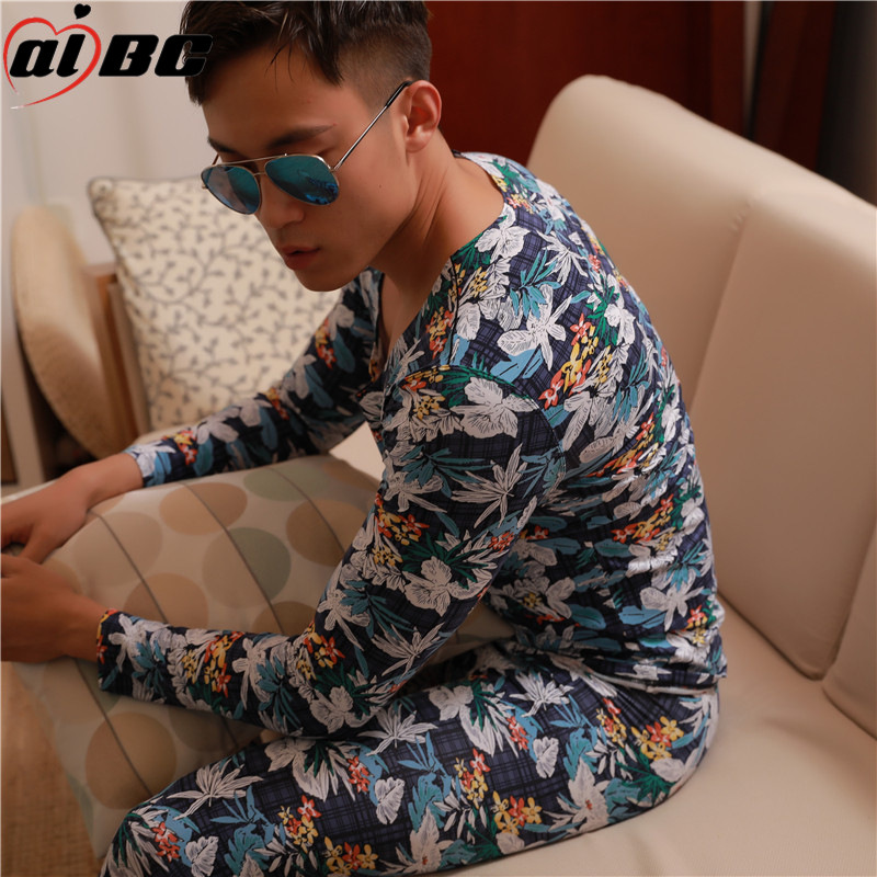 Men's Underwear Set Active Print No Mark Thermal Underwear Cotton Set Comfortable Base Autumn Clothes A018-WT