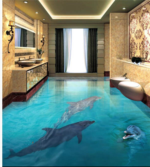 3D mother and child dolphin 3 floor painting self-adhesive Pvc bathroom floor stickers Guangzhou factory direct selling