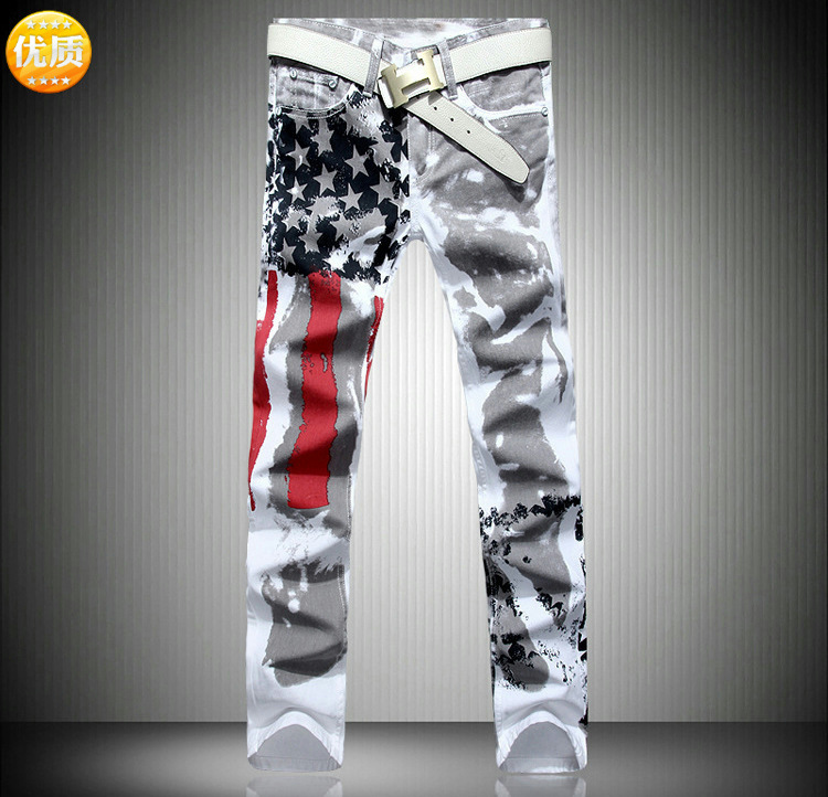 American Flag Printed Jeans High Stretch Slim Casual Five Pointed Red Stripe Pants