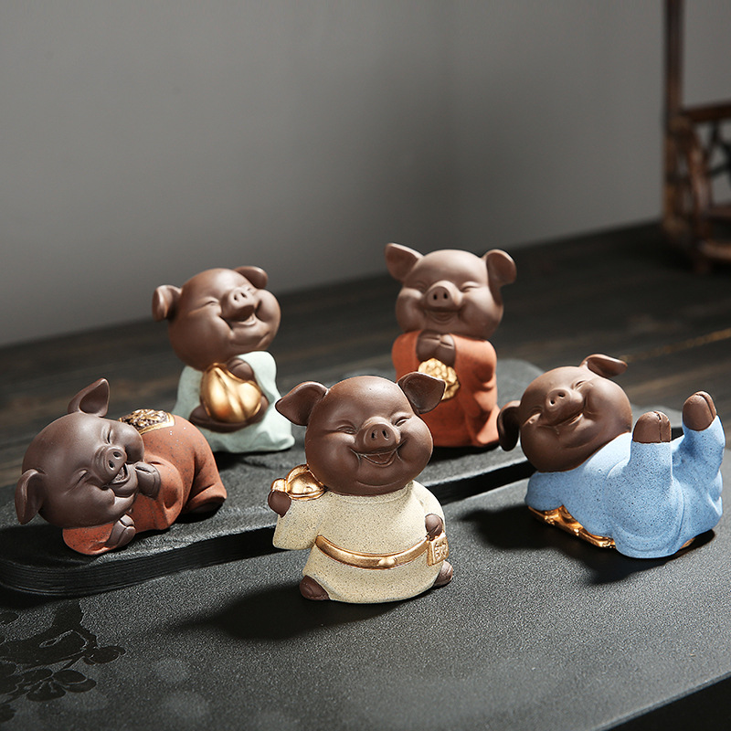 五福猪紫砂茶宠摆件 精品陶瓷可爱茶宠手工茶玩茶具摆件吉祥饰品