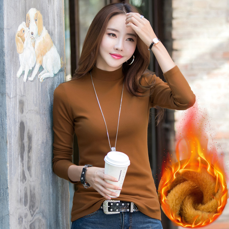 韩版时尚修身显瘦半高领长袖t恤女打底衫秋冬加绒加厚大码上衣潮