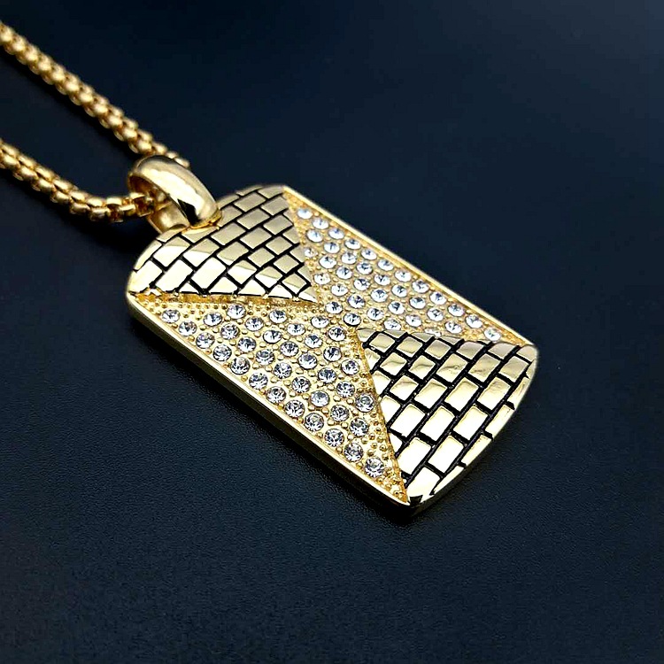 欧美外贸新款不锈钢金字塔镶钻军牌狗牌项链 嘻哈hiphop钛钢吊坠