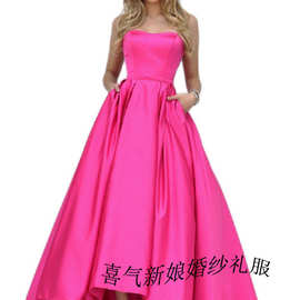 2025新款抹胸缎面修身显瘦敬酒服玫红色晚礼服主持人大摆前短后长