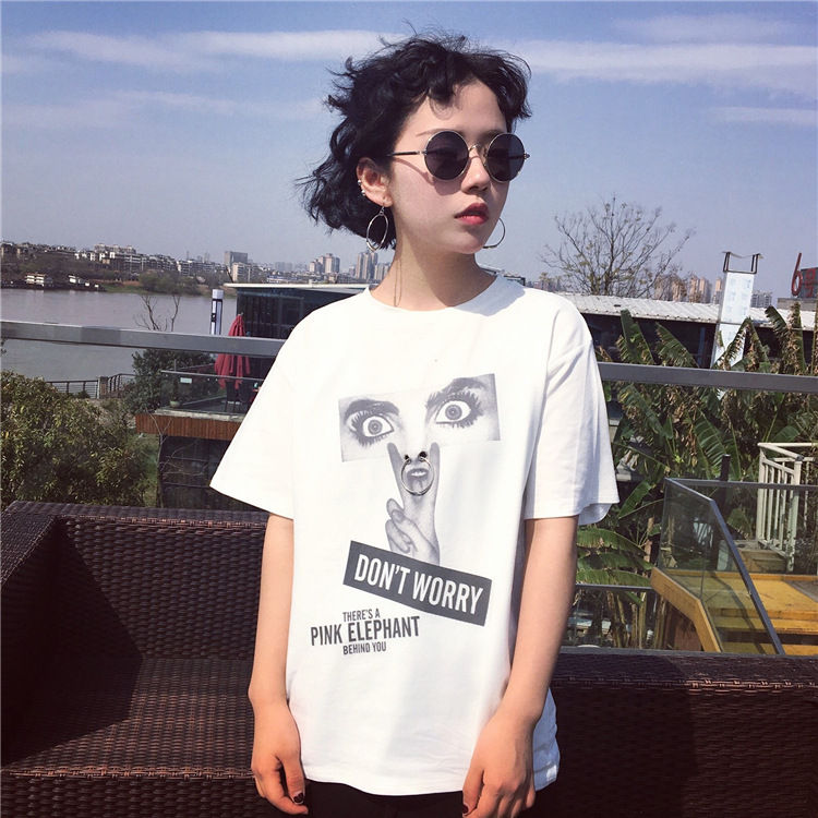 2017夏季新款欧美风潮流个性鼻环印花t恤女宽