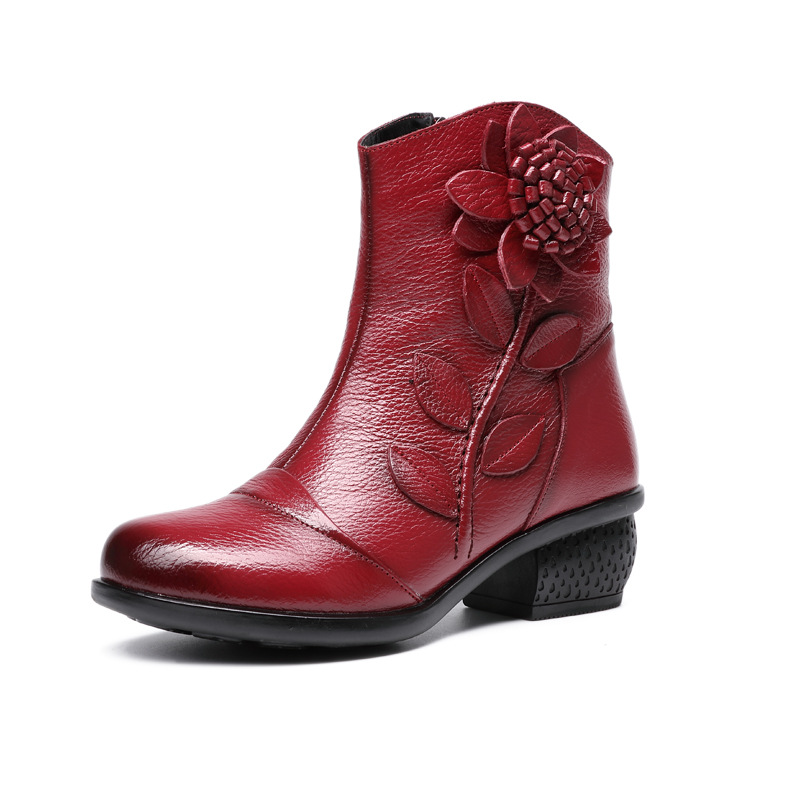 秋冬中筒女靴手工民族風粗跟短靴真皮媽媽棉鞋複古花朵短靴女棉靴