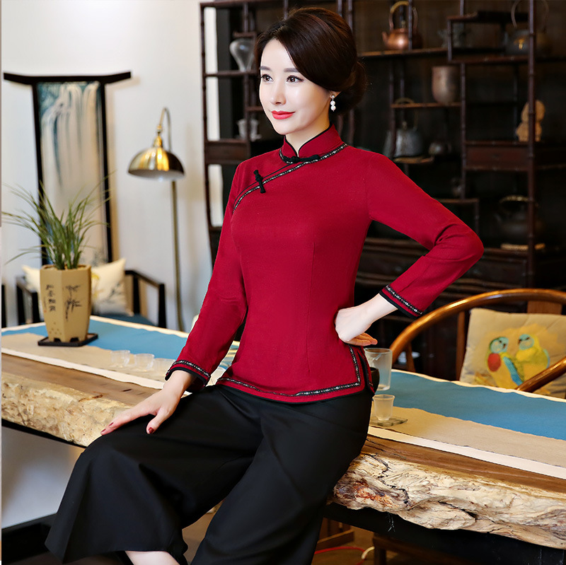 长袖花边一字扣-酒红色_01