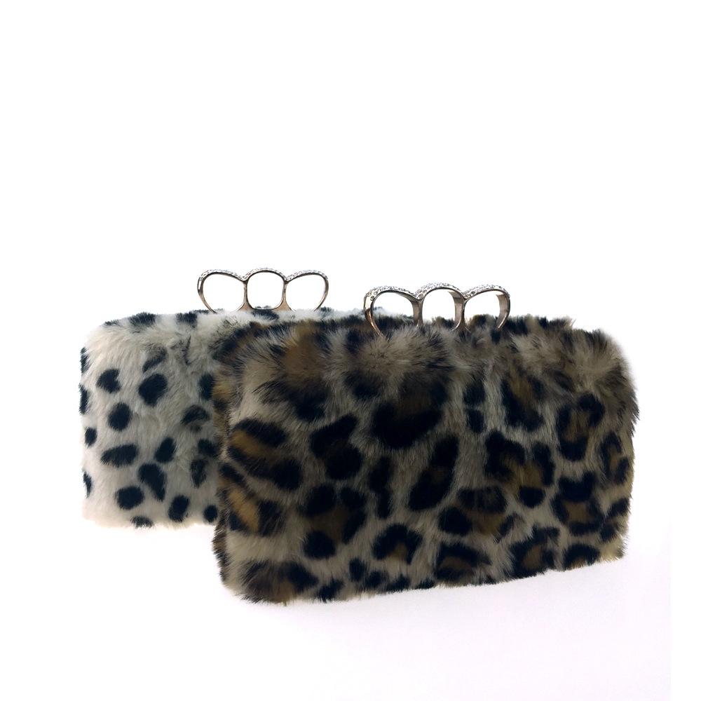 Túi clutch nữ lông giả họa tiết da báo, tay cầm và dây xích, dự tiệc sang trọng — Họa tiết da báo màu mơ, Họa tiết da báo màu camel chi tiết 3