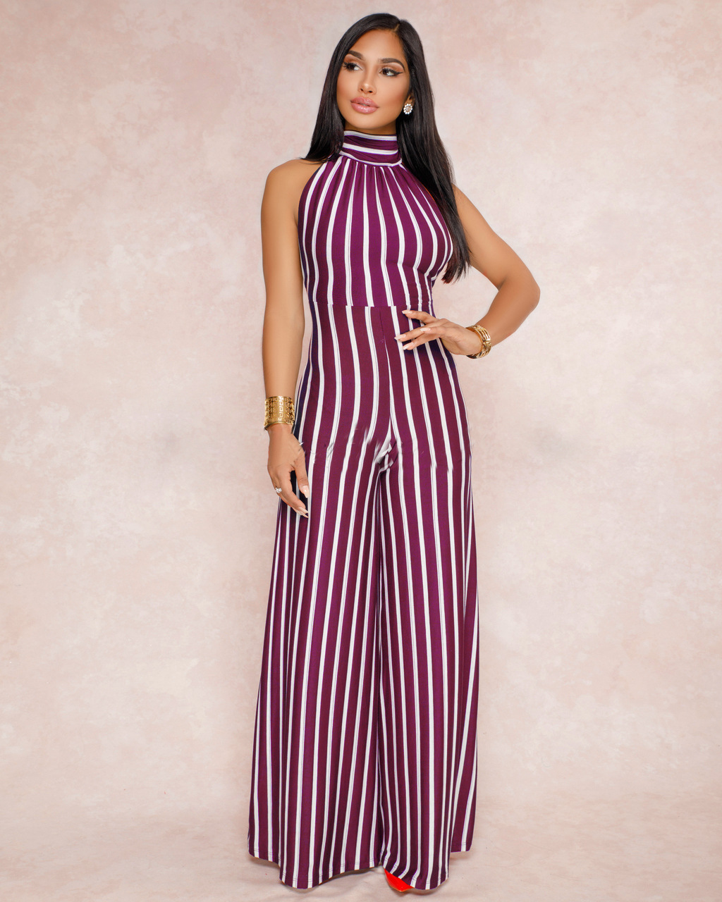 Striped Lace Up Backless Wide Leg Jumpsuit NSMRF116732