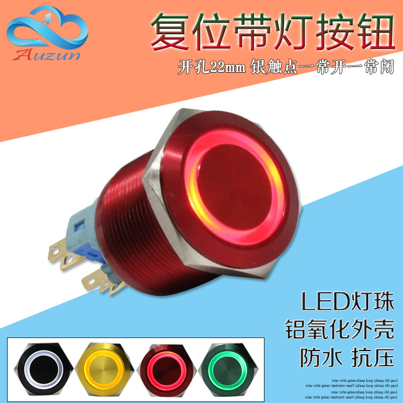 22mm金属按钮开关复位按钮铝氧化红绿黄蓝黑LED环形带灯汽车改装