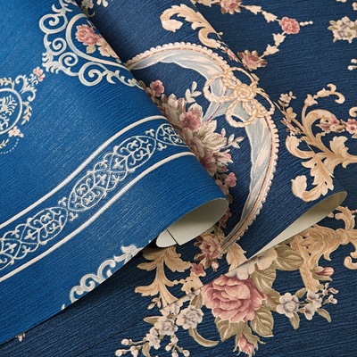 深蓝色欧式墙纸田园大花ab版墙纸卧室客厅背景美容院养生馆壁纸 养生馆货源 买卖货源网