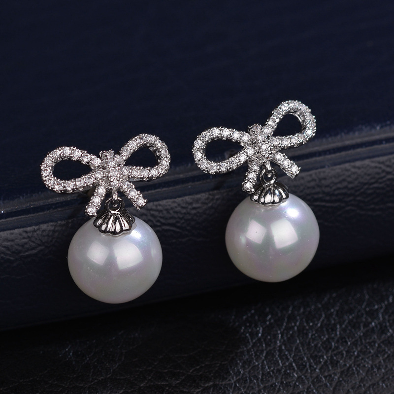 8g Weight Water Plating Gold Plating Process 1 Pair Elegant Bow Knot Inlay Copper Alloy Artificial Pearls Zircon White Gold Plated Drop Earrings