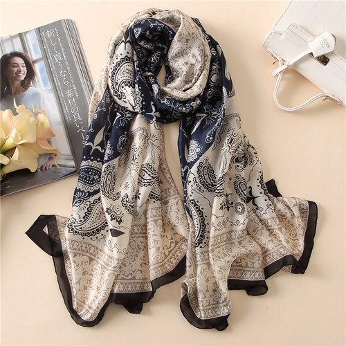 Spring and autumn new ethnic style scarf for women, fashionable printed imitation silk sunscreen scarf, elegant warm and thickened scarf