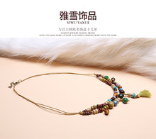 木头绿松石流苏项链 日系休闲民族风 仿石亚克力流行款