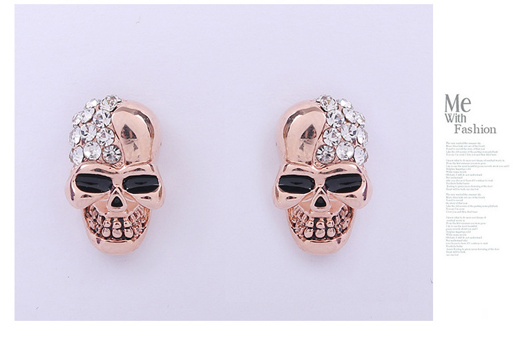 Skull Full Diamond Stud Earrings - Retro Glossy Rose Gold Alloy Women's Piercing Jewelry detail image 7
