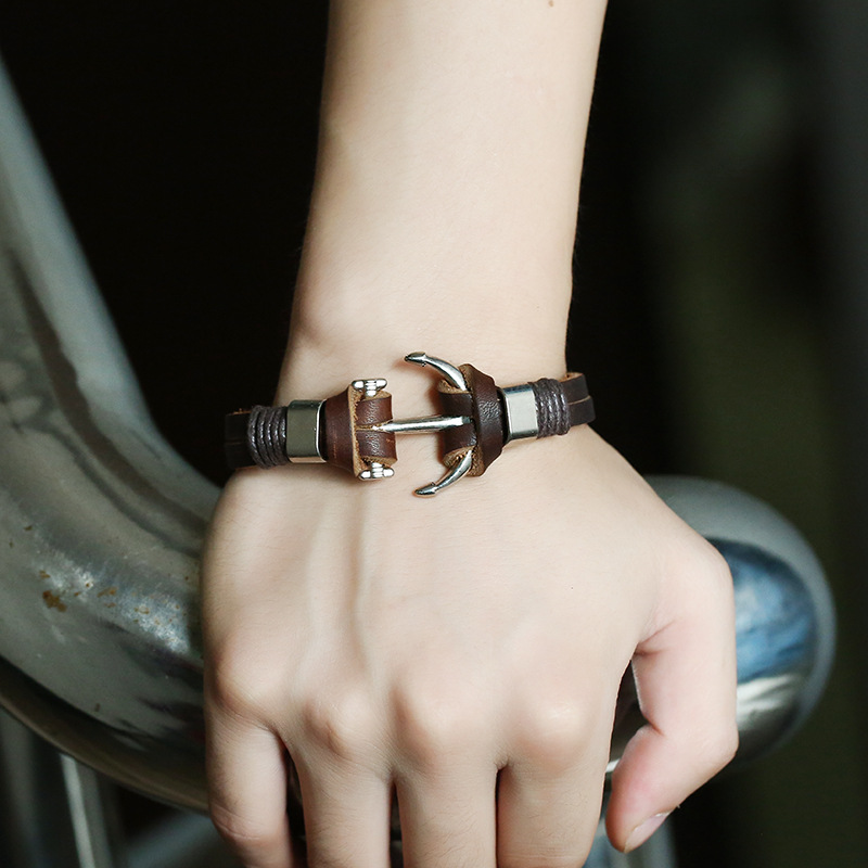 Explosion style retro handmade woven anchor leather bracelet new jewelry wholesale