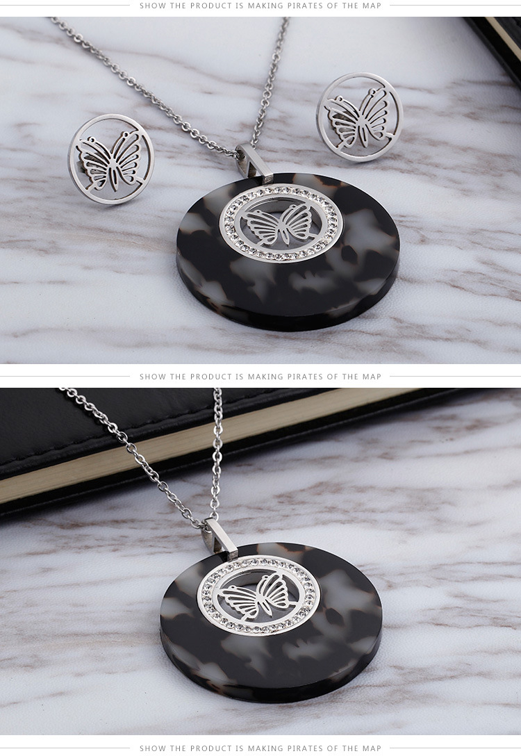 wholesale fashion stainless steel diamond round gold butterfly necklace earring set ornaments