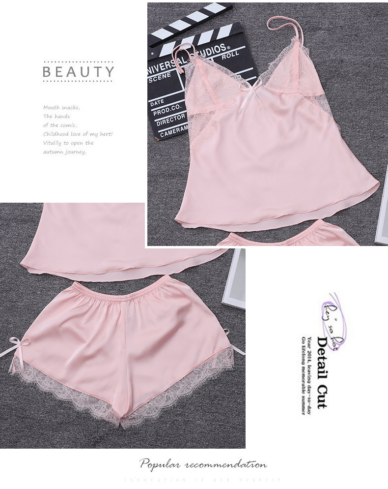 Summer Suspenders Shorts Pajamas   Simulation Silk Sweet Sexy Backless  Two-piece Suit Thin V-neck  Home Service Nihaojewelry Wholesale display picture 7
