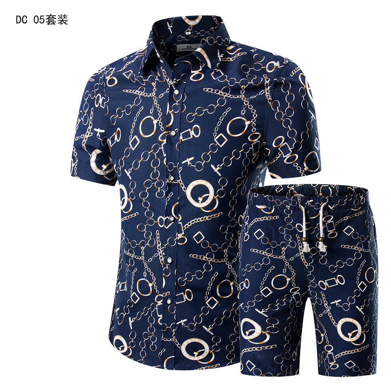 AliExpress Men's Short-sleeved Slim-fit Shirt Casual Shorts Summer New Large Size Printed Short-sleeved Suit