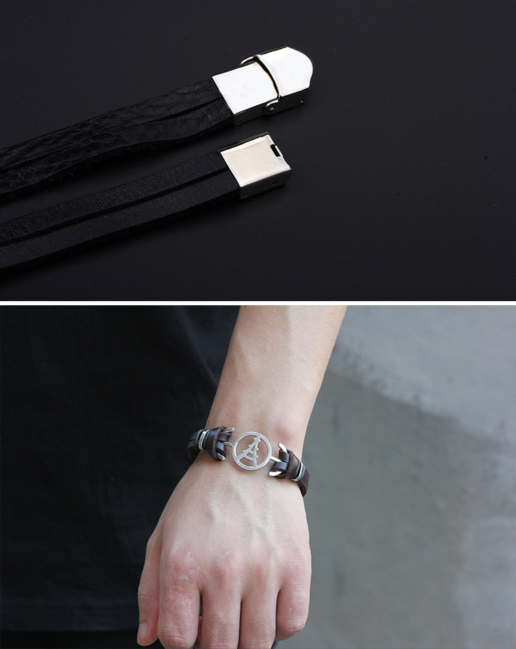 Magnetic Buckle Leather Stainless Steel Iron Tower Bracelet display picture 2