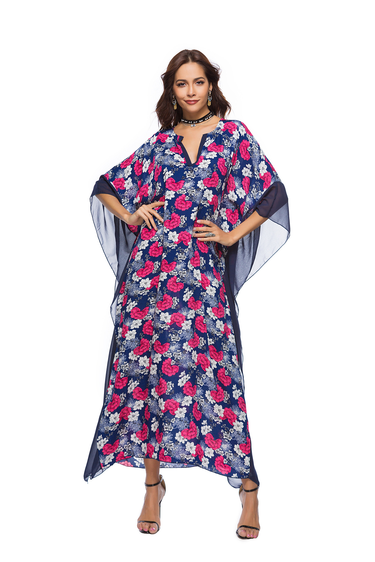 spring new V-neck bat sleeve printed dress NSDF25588