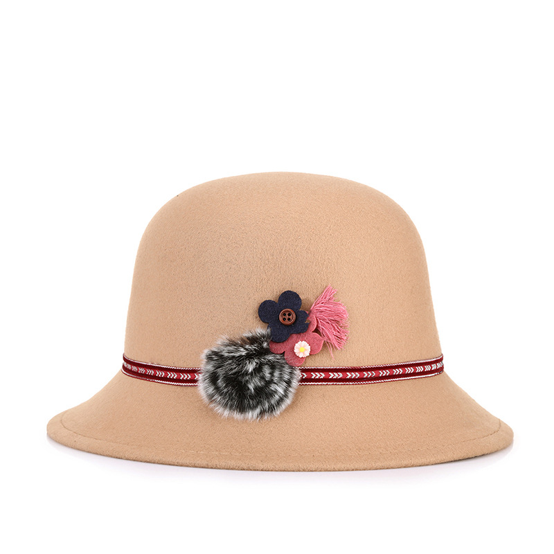 Las mujeres de otoño e invierno sombrero de lana de moda elegante decoración de la flor personalizada al aire libre cálido sombrero de cuenca estilo coreano sombrero superior entrega de una sola pieza