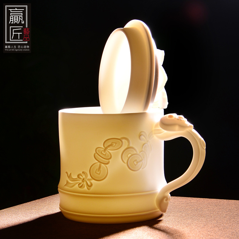 Ganar artesanía moral blanco Ruyi Oficina taza ovejas grasa Jade cerámica Presidente Oficina reunión taza regalo