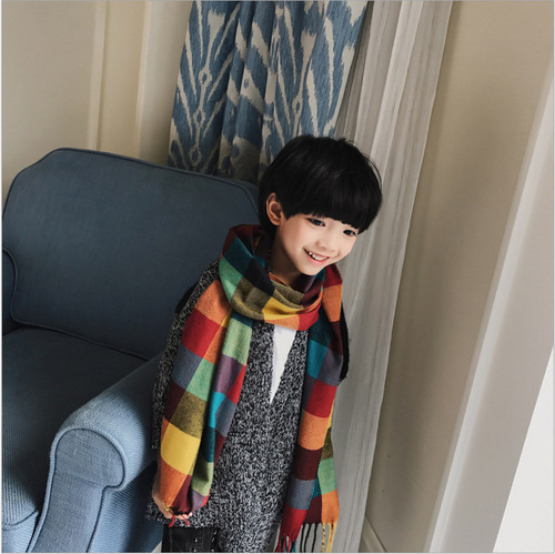 Children's Plaid Scarf with Lambskin Faux Lambskin - New Autumn/Winter Version, Striped Plaid, Colorful Contrast, Multicolored, Versatile Parent-Child Shawl