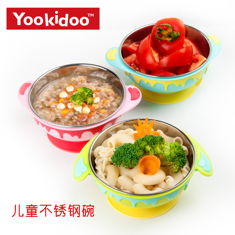 美国YOOKIDOO儿童不锈钢吸盘碗婴幼儿宝宝餐具卡通创意训练辅食碗|ru