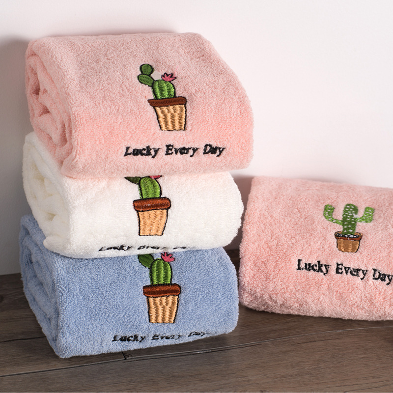 QBH simple thick cotton towel soft absorbent face towel lucky cactus embroidery face towel mixed batch