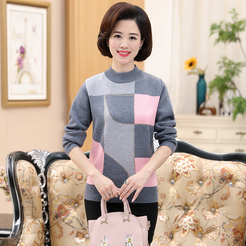 2019 autumn women's casual fashion geometric pattern pullover knitted mother shirt middle-aged and old women's top wholesale