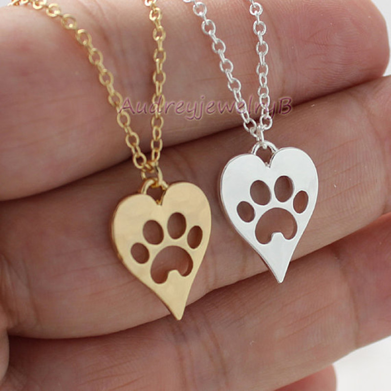 New cute animal cat paw foot necklace openwork peach heart necklace heart shaped dog paw print neckl
