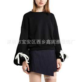 2018速卖通eBay欧美新款圆领灯笼袖袖口蝴蝶结绑带宽松长袖卫衣