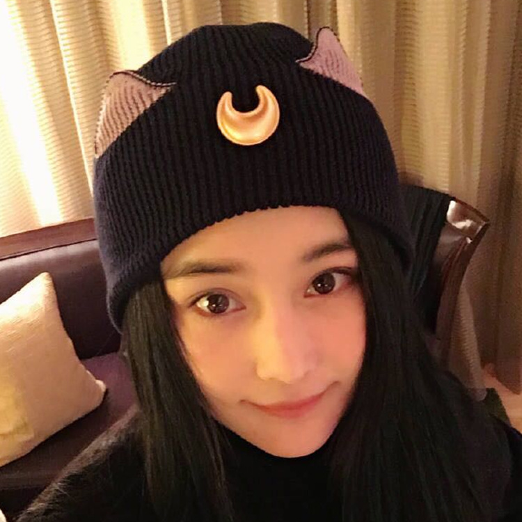张馨予同款月牙猫咪耳朵针织卡通毛线帽子女士韩版冬天保暖套头帽