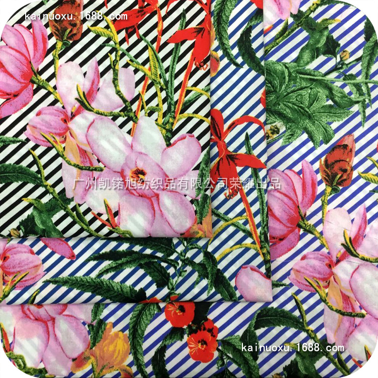 全棉平纹印花布 衬衫印花面料 斜条纹荷花 秋童装连衣裙印花面料