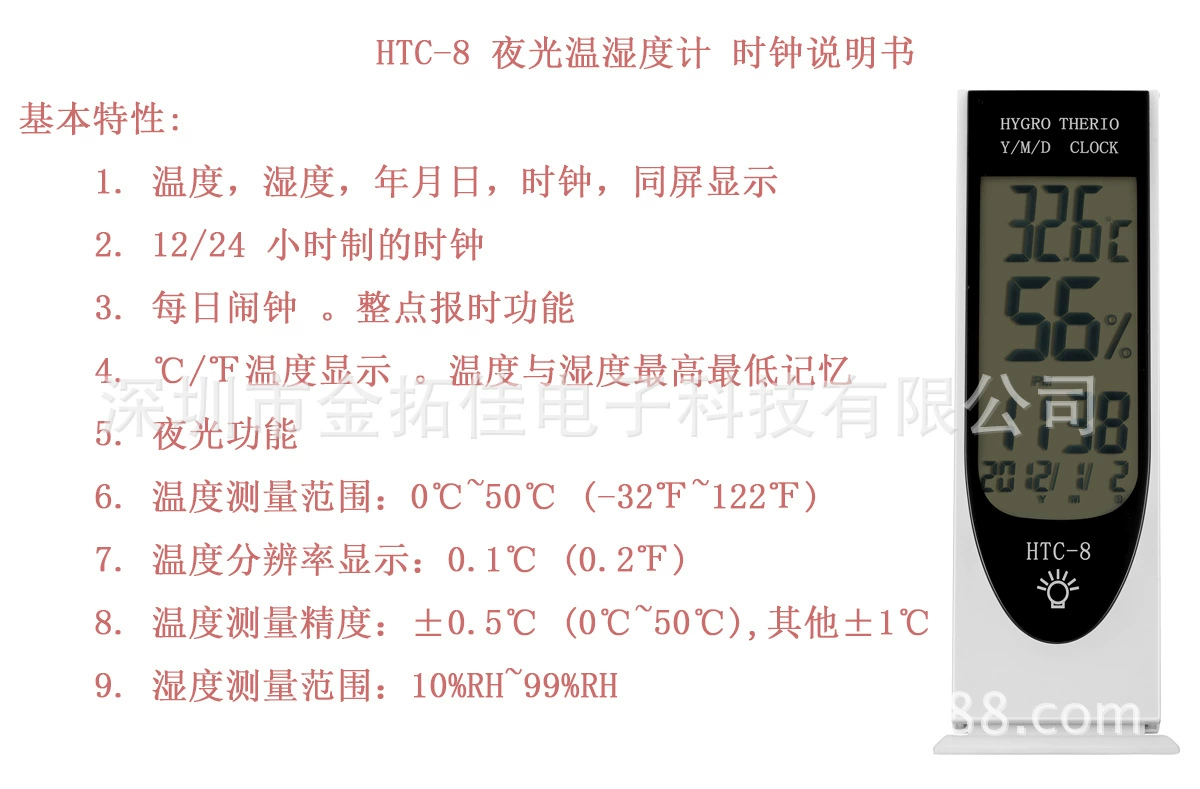 HTC-8 светящийся измеритель температуры и влажности, год, месяц, день, время