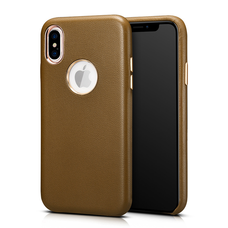 适用iPhone X电镀金属圈小羊皮手机皮套后壳 真皮iphone 8保护壳