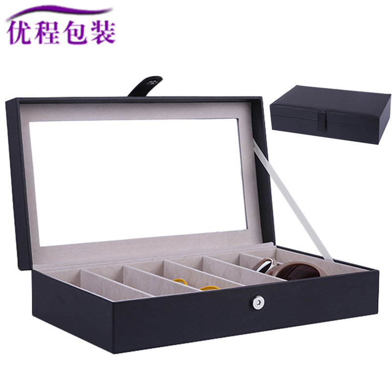 现货批发翻盖6位眼镜盒木质太阳镜收纳盒带镜子眼镜展示盒包装盒