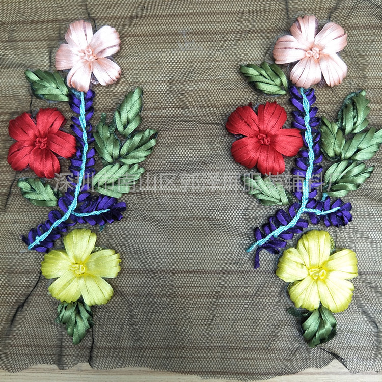 FLOWER潮州手工丝带绣领边袖子立体贴花民族风网纱底DIY服装辅料