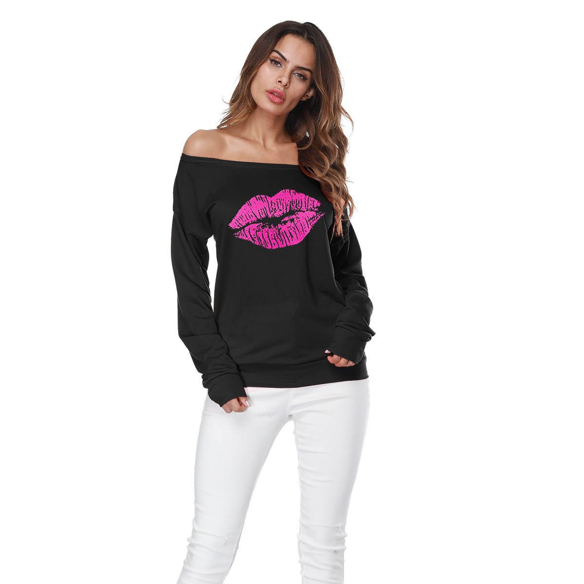 Off Shoulder Long Sleeve Sweatshirt Loose Fit Lip Print Casual Style Womens Top for Everyday Wear Wholesale