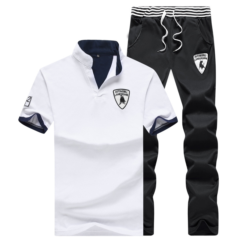 夏季男士立领宽松短袖t恤休闲裤套装青年半袖长裤跑步服一套大码|ms