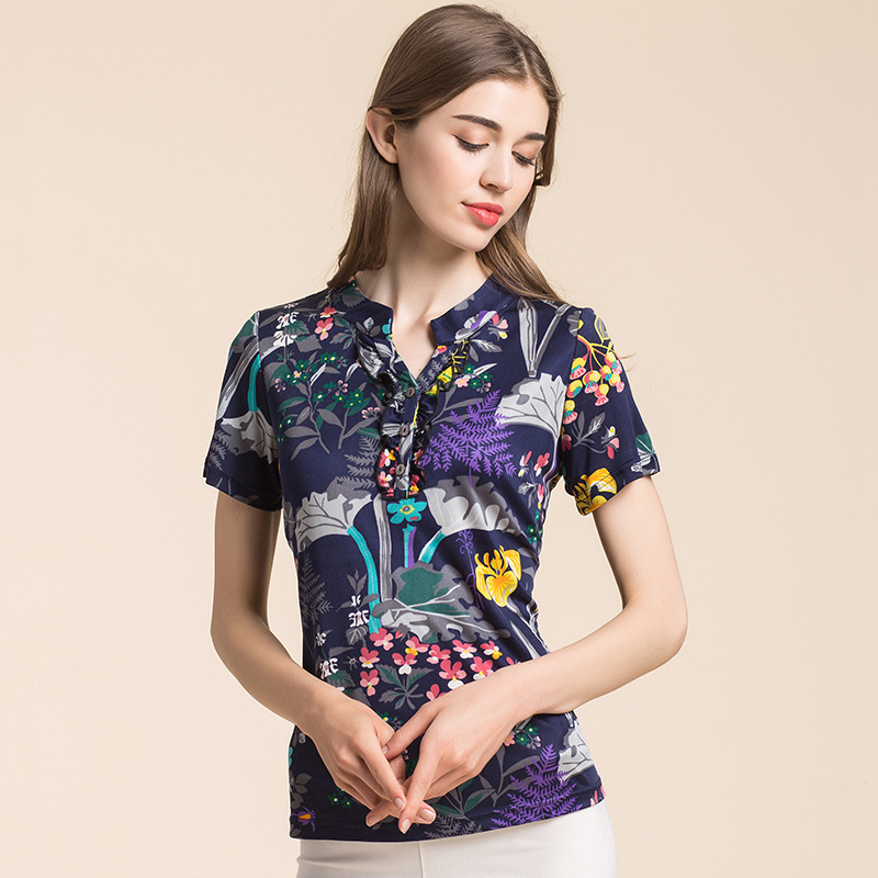 Silk Short Sleeve T Shirt for Women Mulberry Silk Plus Size Floral Print Stand Collar Summer Casual Wear